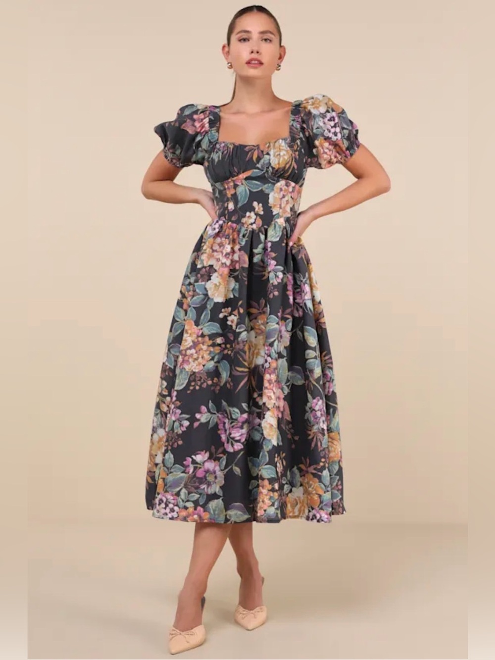 Lulu's Adorable Tendencies Floral Puff-Sleeve Midi Dress